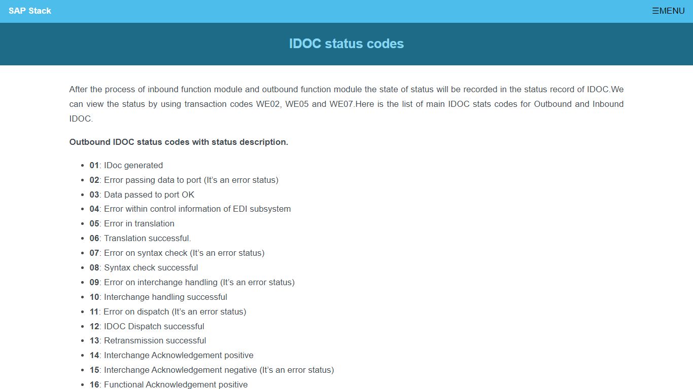 IDOC status codes - SAP Stack